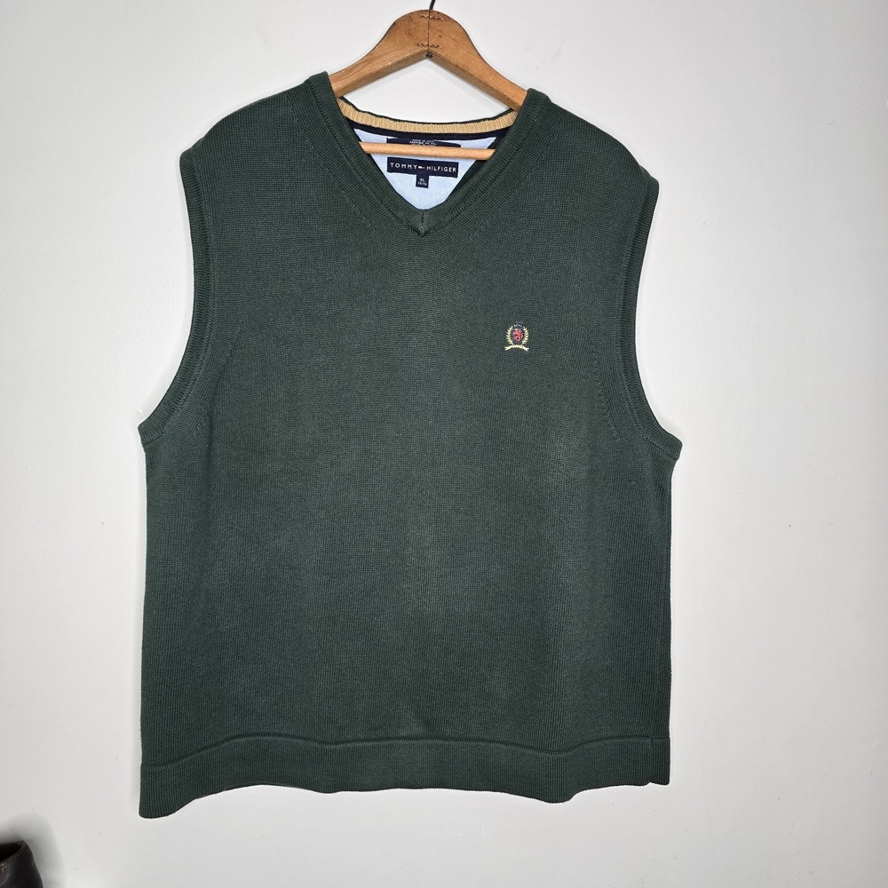 Tommy Hilfiger Mens XL Forest Green Cotton V-Neck Sweater Vest Crest Logo